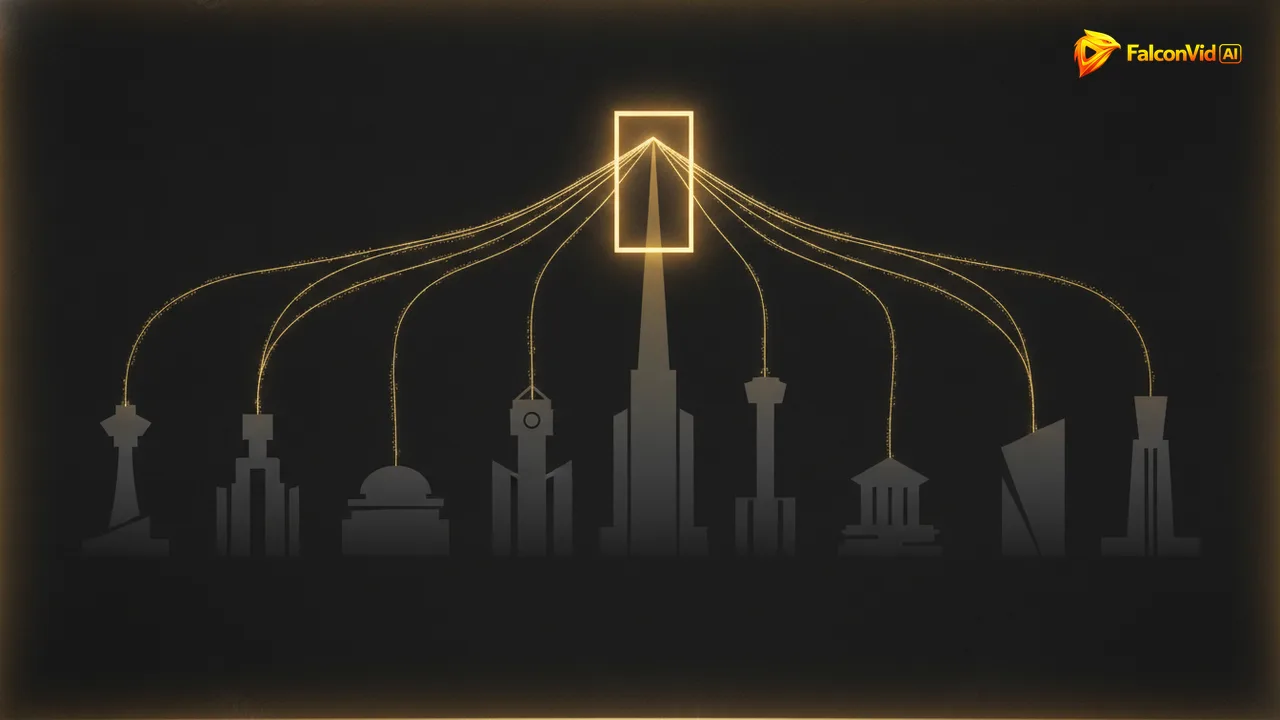 Eight civic building silhouettes emitting golden data streams that merge into a single bright beam entering a floating frame.