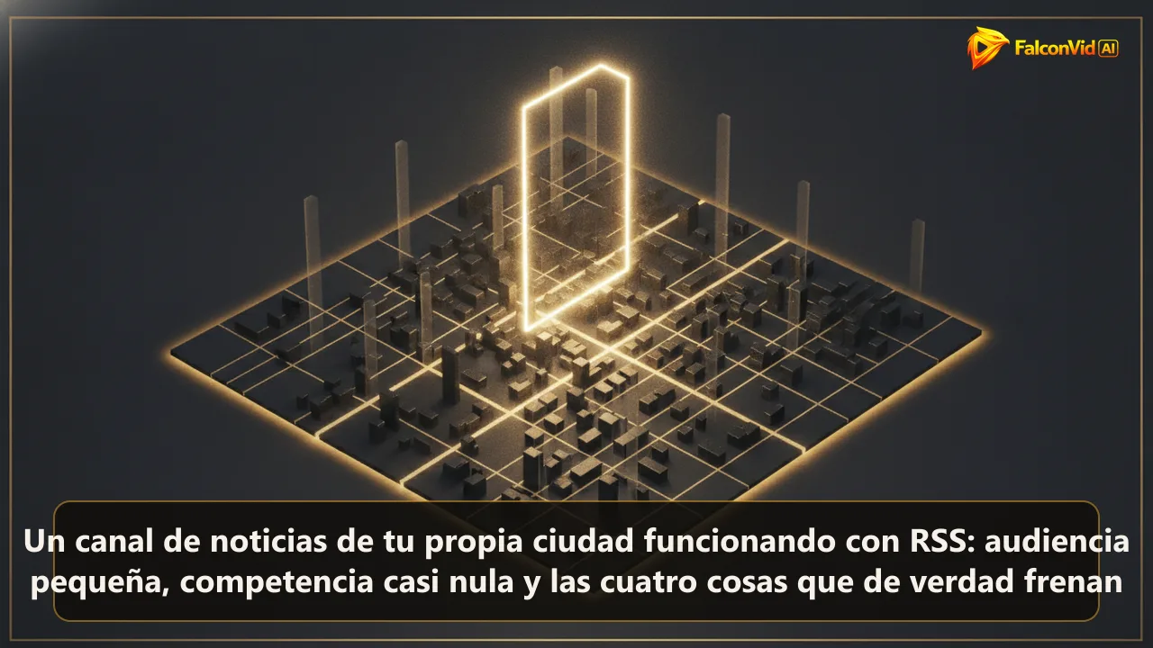 Malla dorada brillante de las calles de una ciudad pequeña con haces de luz convergiendo en un único marco flotante.
