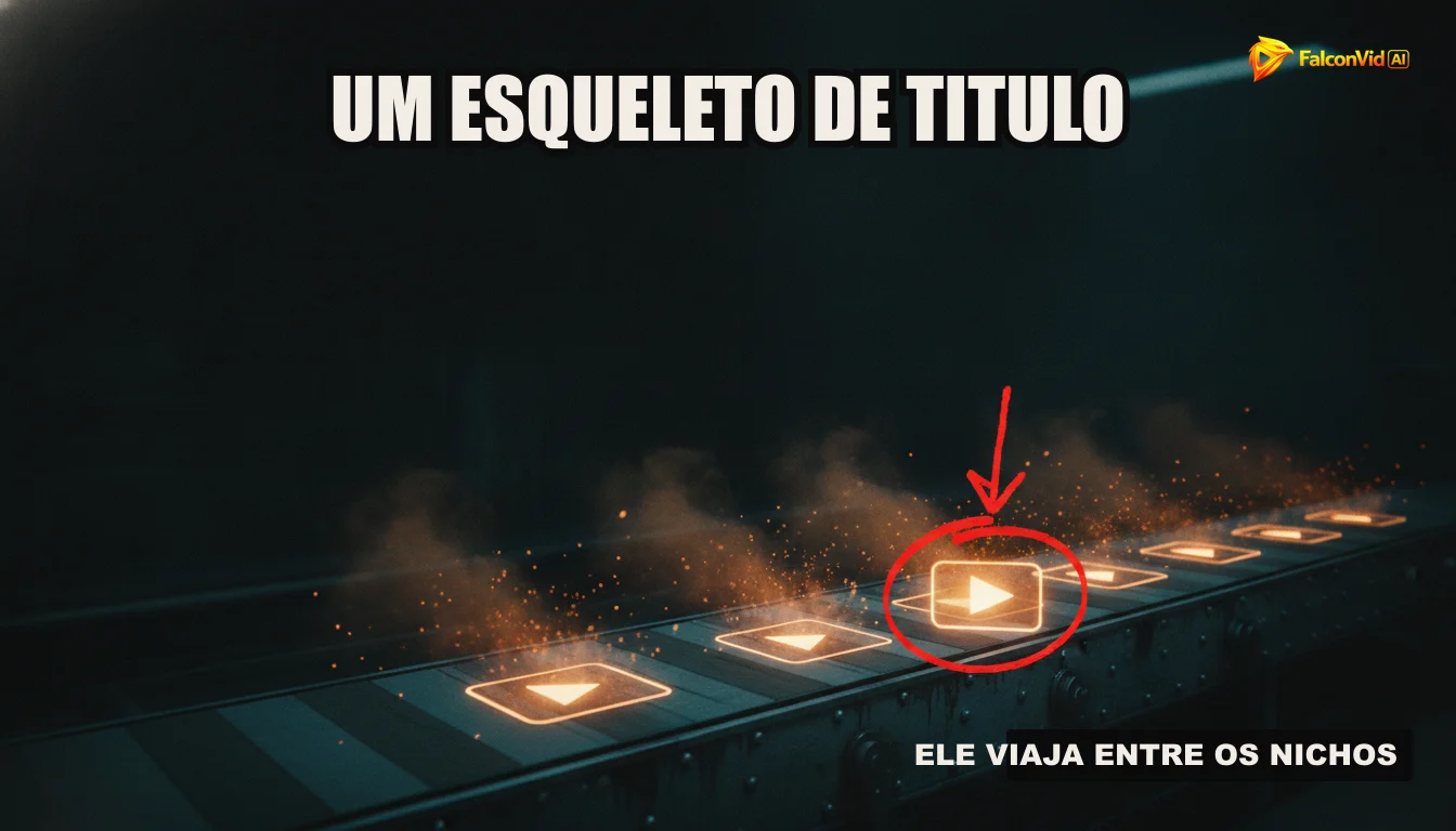 Uma ilustração de uma linha de montagem automatizada produzindo vídeos, com balões de fala representando roteiro, narração, edição e publicação, simbolizando a eficiência da pipeline do FalconVid.