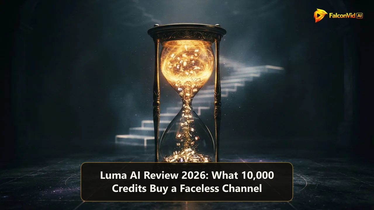 A golden hourglass whose falling sand turns into tiny glowing film frames, with only a small pile of frames at the bottom, credits running out as seconds of clip