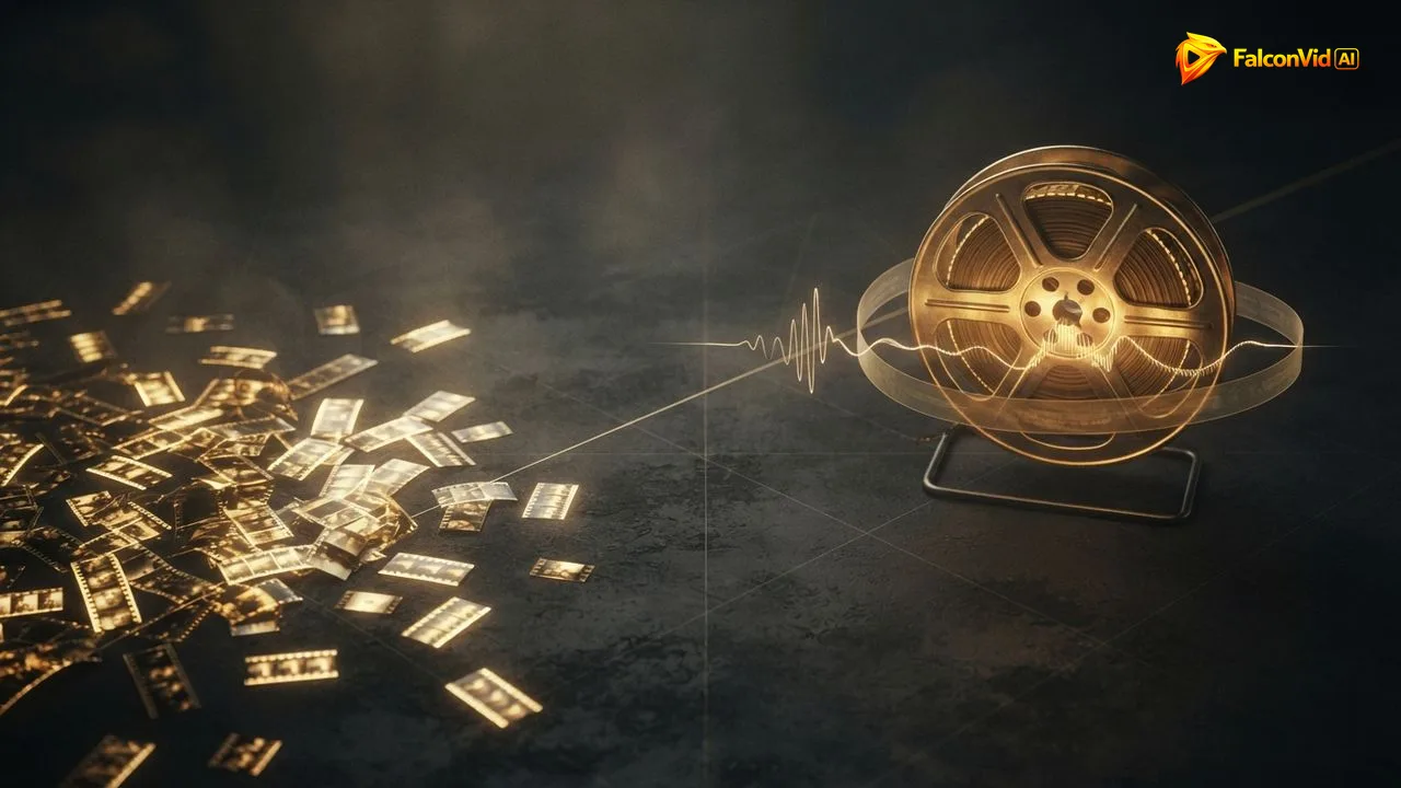 Un montón de fragmentos sueltos de película dorada esparcidos como monedas junto a un rollo dorado completo con sonido y subtítulos entrelazados, segundos de clip frente a un video terminado