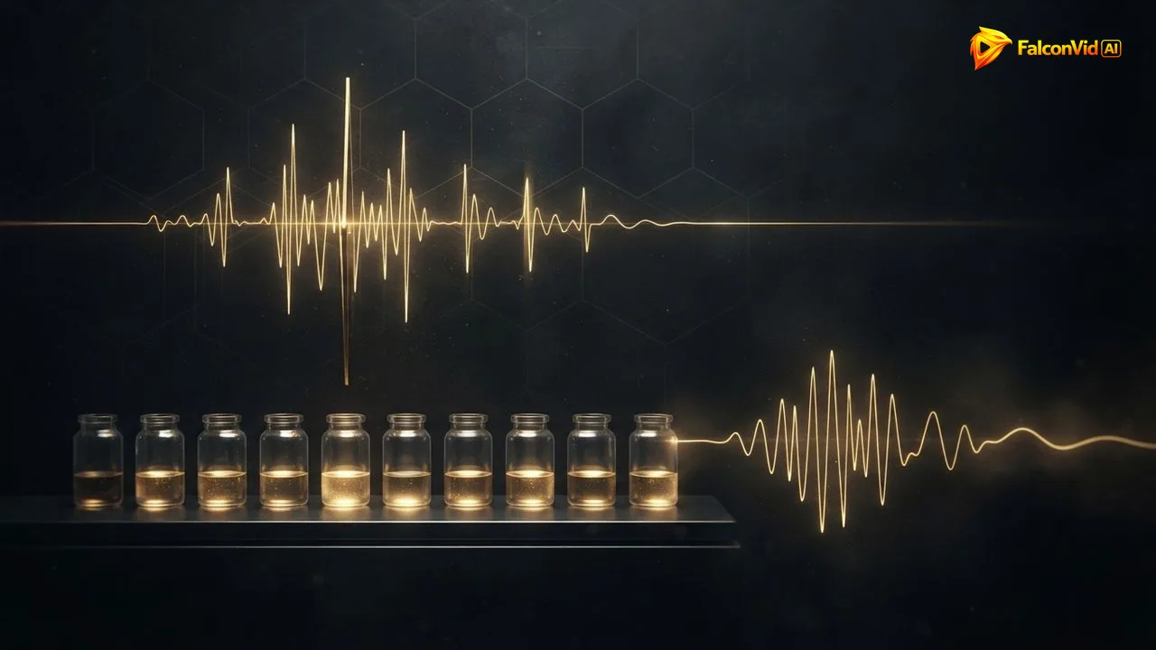 A golden sound wave sliced into twelve small portions in twelve glass vessels, while a longer wave does not fit in any, Lumen5 yearly voice minutes split across the months