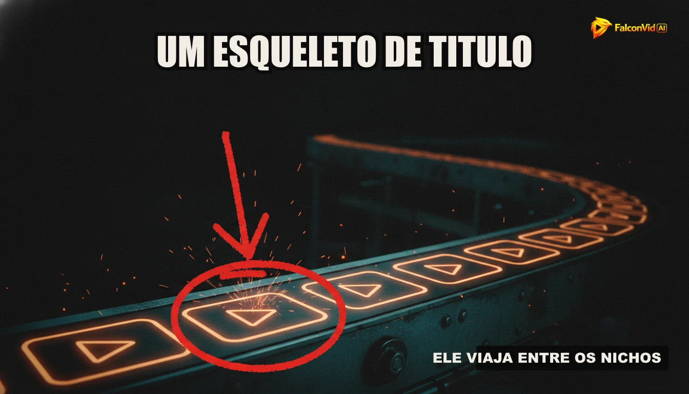 Uma ilustração de uma linha de produção automatizada, com robôs criando vídeos e miniaturas, simbolizando a eficiência do processo do FalconVid.