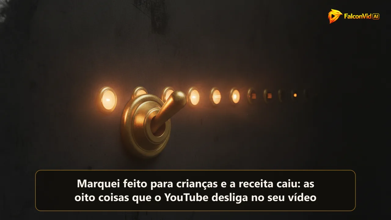 Um botão dourado sendo acionado enquanto oito luzes pequenas se apagam em sequência atrás dele.