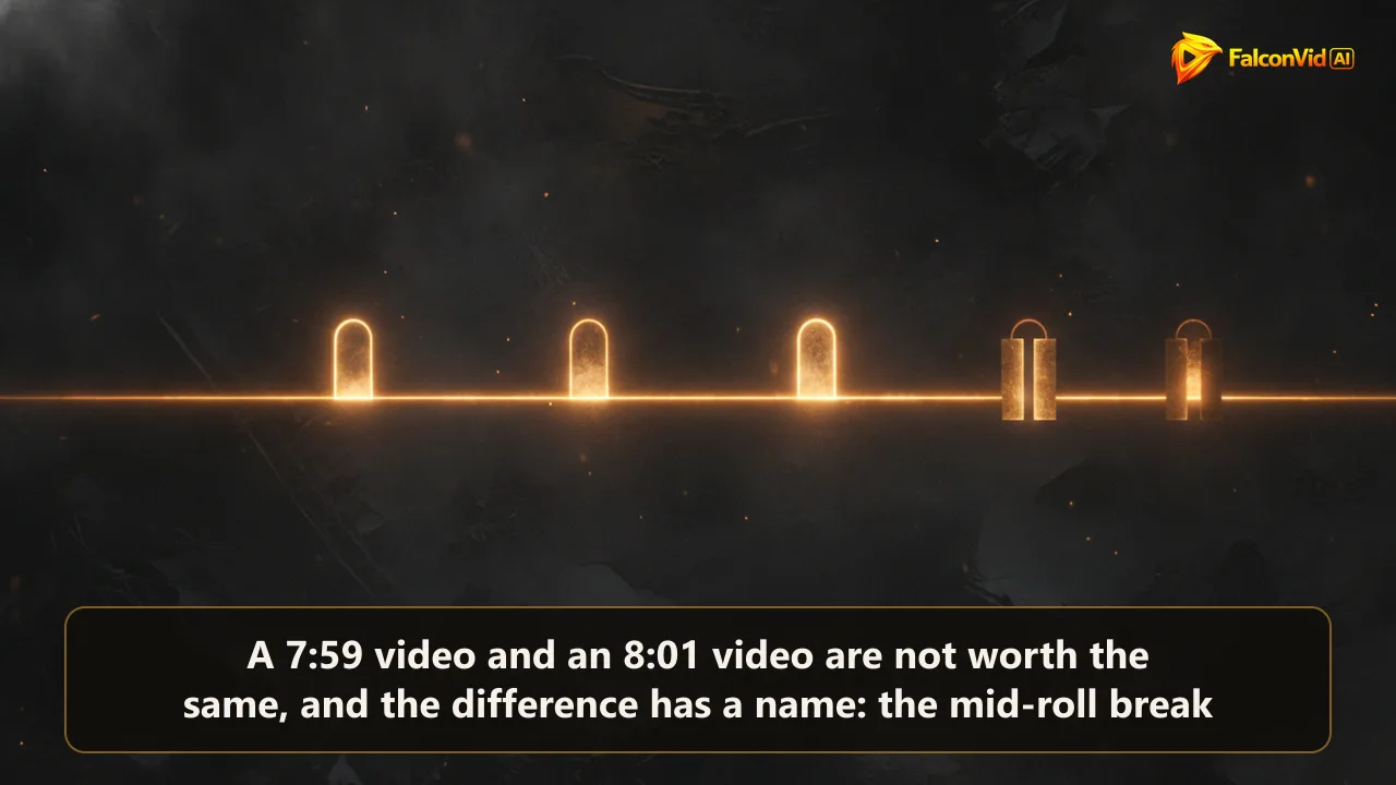 Dark editorial illustration of an amber video timeline crossed by four ad break gates, one of them switched off
