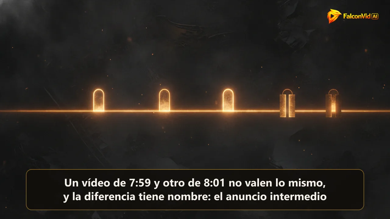 Ilustración editorial oscura con una línea de tiempo ámbar de vídeo cortada por cuatro puertas de anuncio, una de ellas apagada