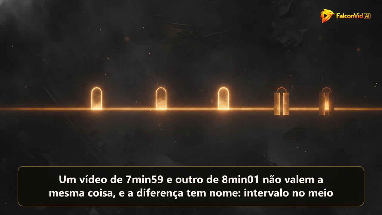 Ilustração editorial escura com uma linha do tempo âmbar de vídeo cortada por quatro portões de anúncio, um deles apagado