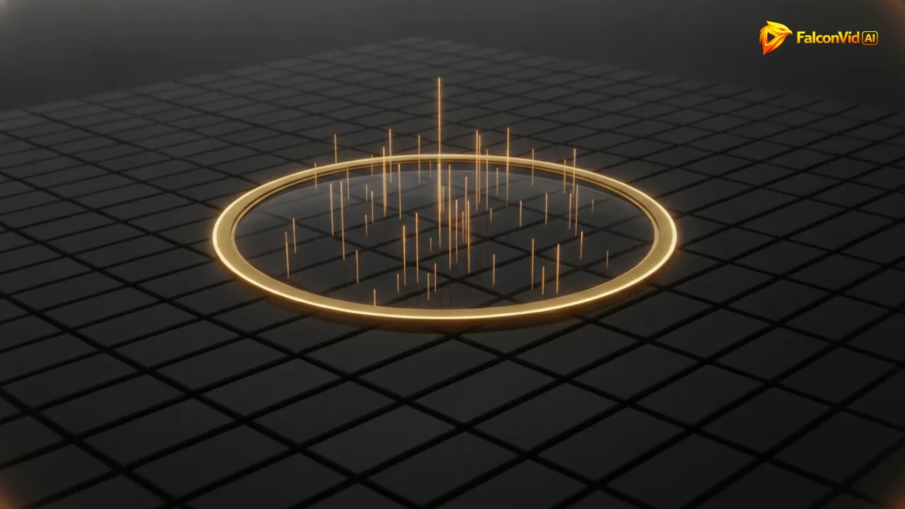 A golden circular lens over a grid of dark video tiles, the tiles seen through the lens each growing a vertical bar of a different height