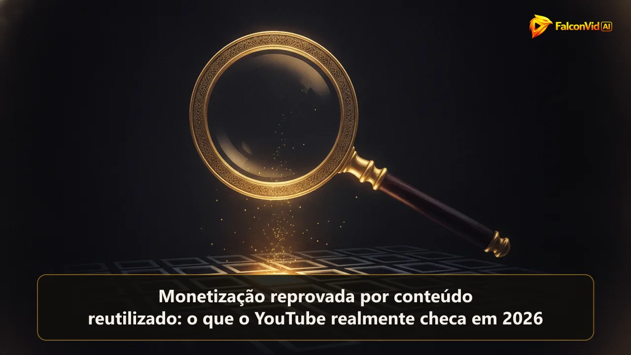 Uma lupa dourada acesa pairando sobre uma grade de quadros retangulares apagados, um deles iluminado enquanto os outros seguem cinzentos.