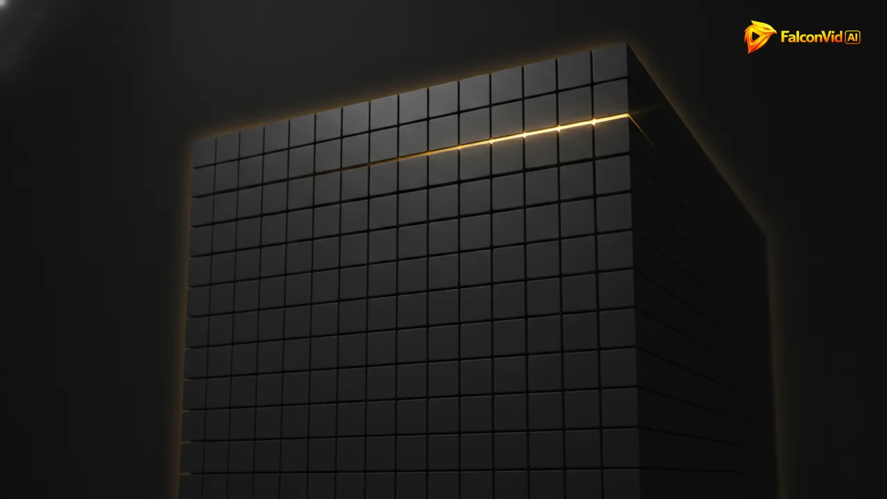A wall of identical dim rectangular tiles in a strict grid, with a single golden beam sweeping across only the top row.
