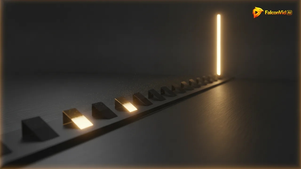 A long row of small dark calendar squares, the first ones lit in warm gold and the last ones unlit, with a bright vertical line standing at the end of the row