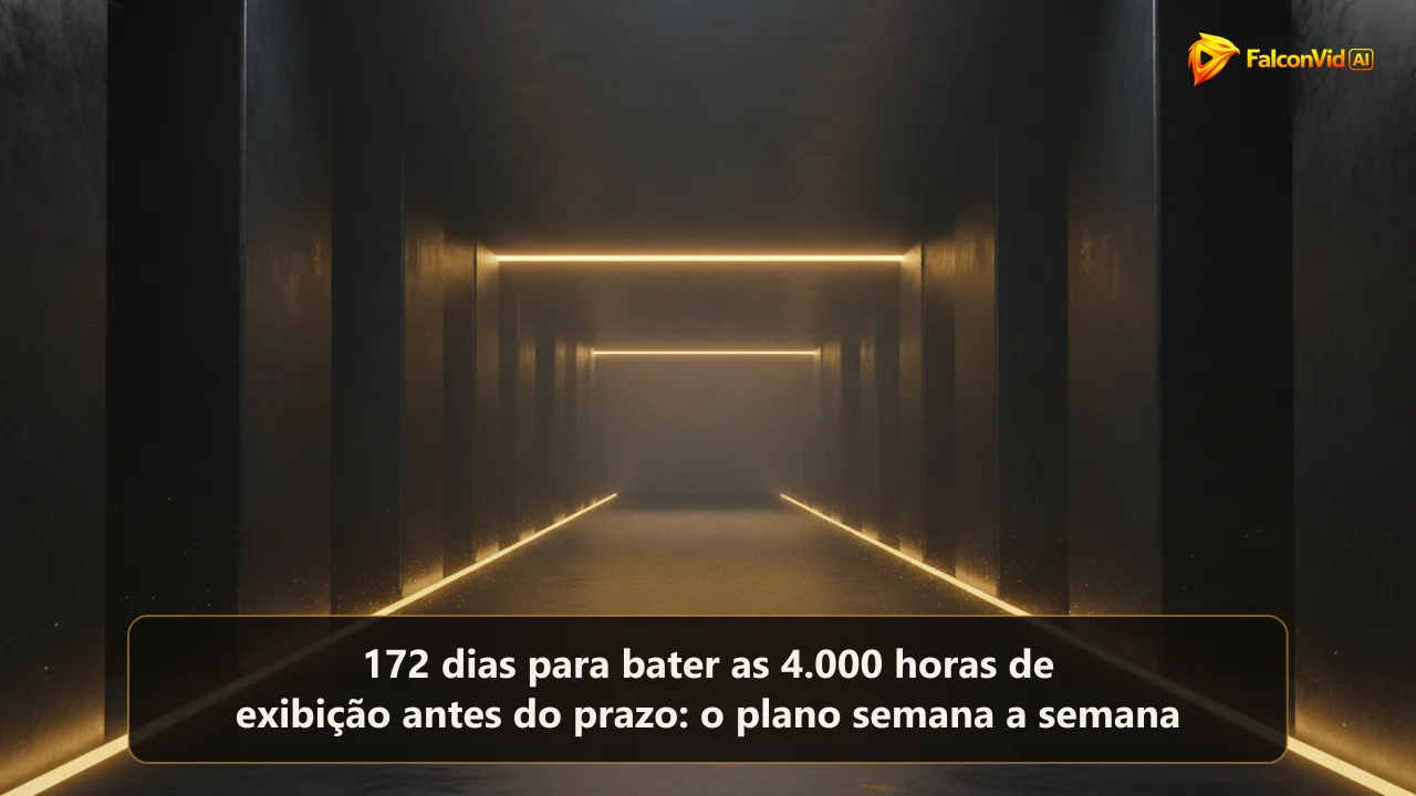 Um corredor escuro com duas barras horizontais de luz dourada atravessando, a barra distante duas vezes mais alta que a próxima, e uma cunha de luz no chão que estreita entre as duas