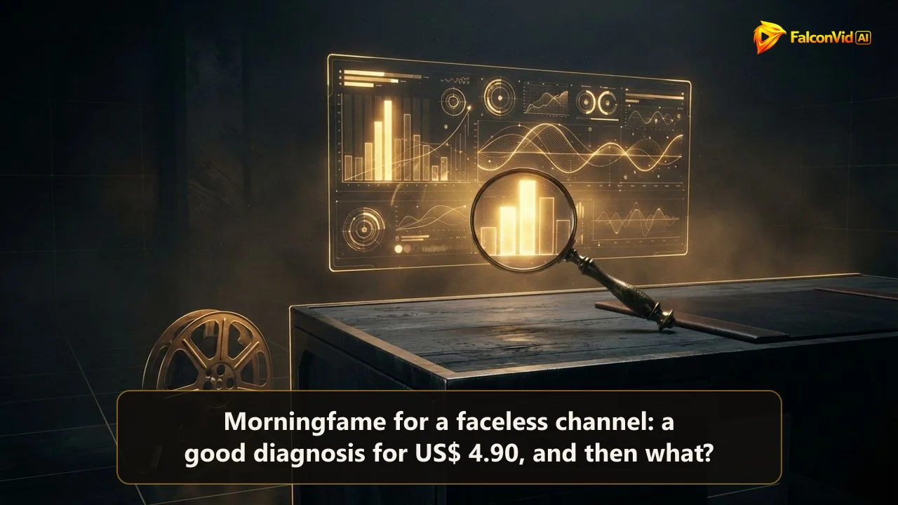 A glowing golden dashboard above a desk with a magnifying glass on one warm bar and an empty film reel waiting beside it, a diagnosis waiting for production