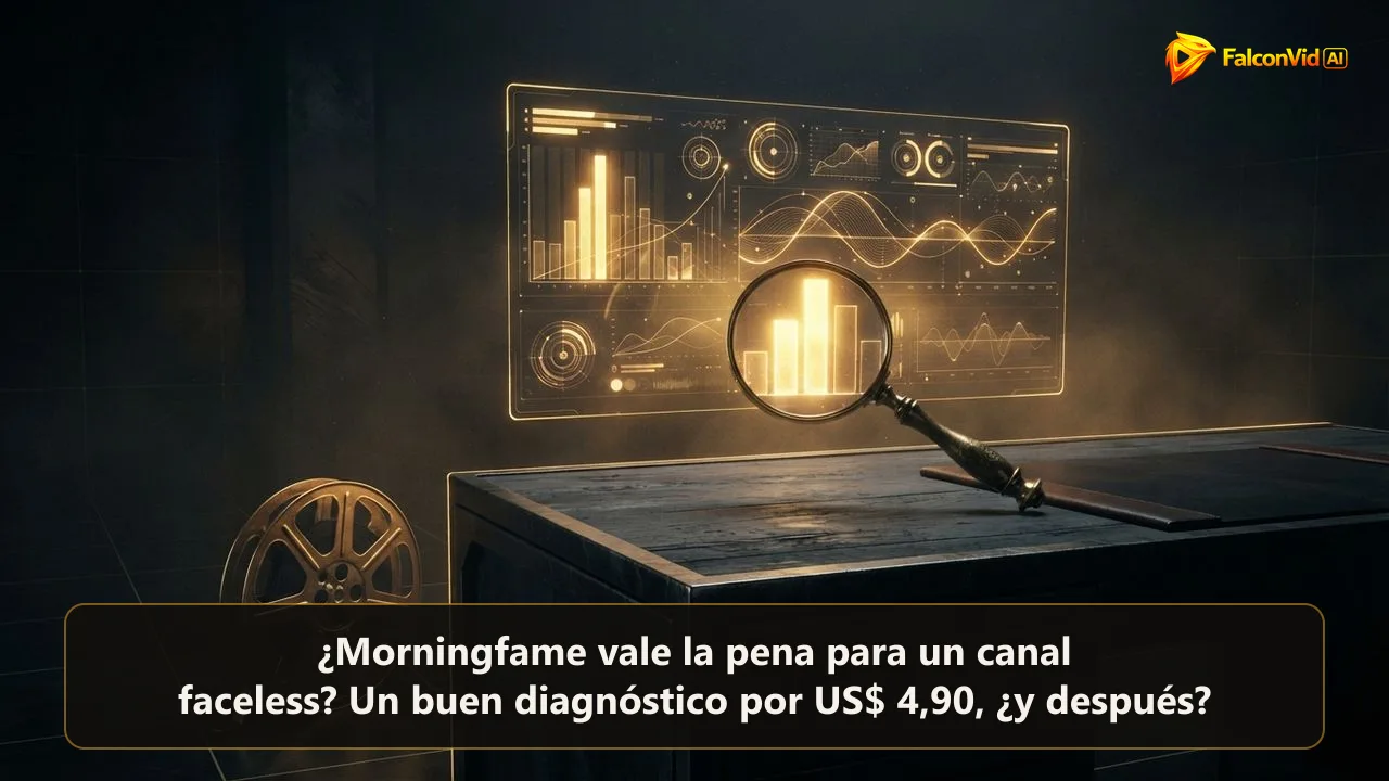Un panel dorado brillando sobre un escritorio con una lupa sobre una barra más cálida y un rollo de película vacío esperando al lado, un diagnóstico esperando producción