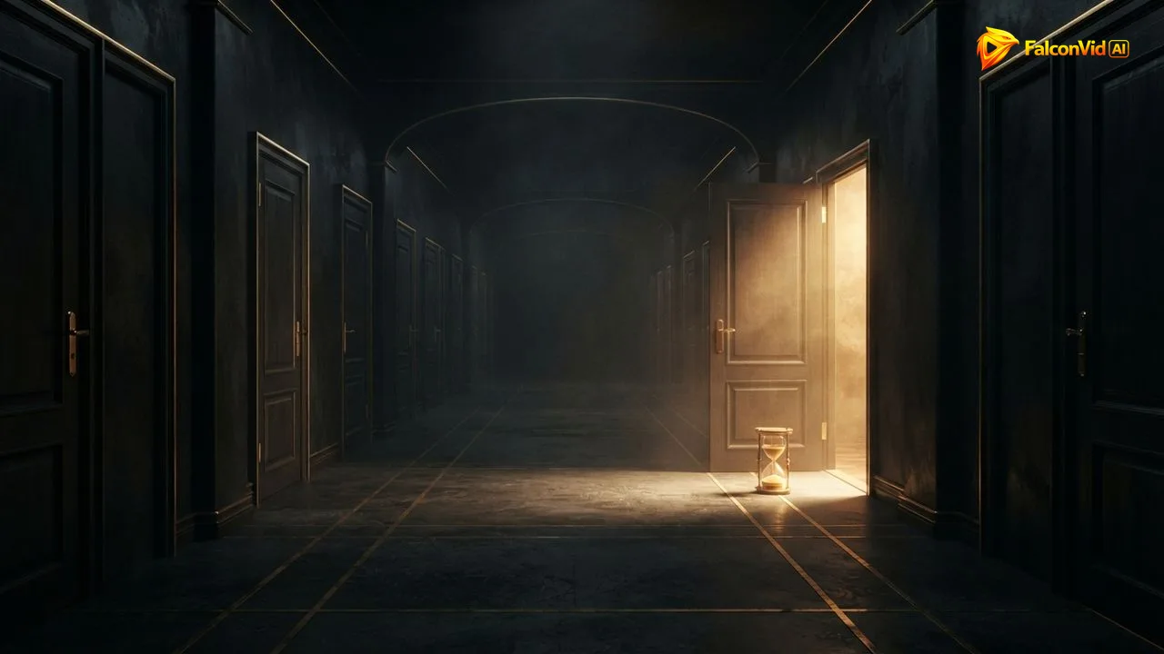 A long corridor of closed doors with only one door open and golden light pouring out, a 24-hour window every 12 days