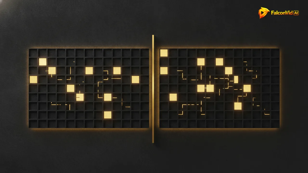 Two identical grids of tiles on a dark background, few tiles lit gold on the left and more than twice as many lit on the right.