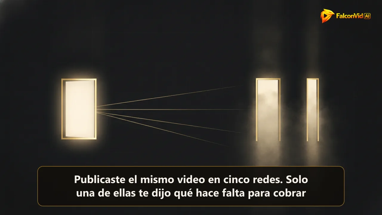 Ilustración de un panel iluminado enviando líneas doradas finas hacia tres puertas de anchos distintos