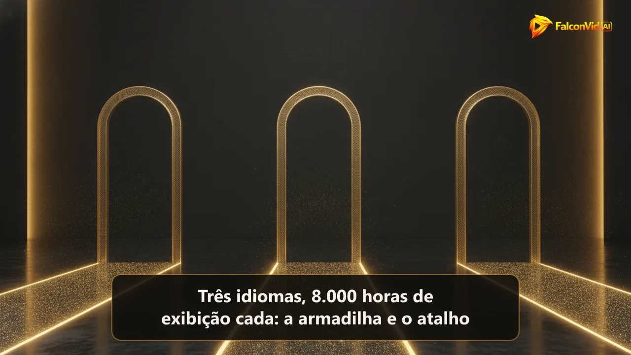 Três trilhas douradas paralelas correndo sobre um piso escuro, cada uma terminando no próprio portal de malha dourada, sem ponte entre eles