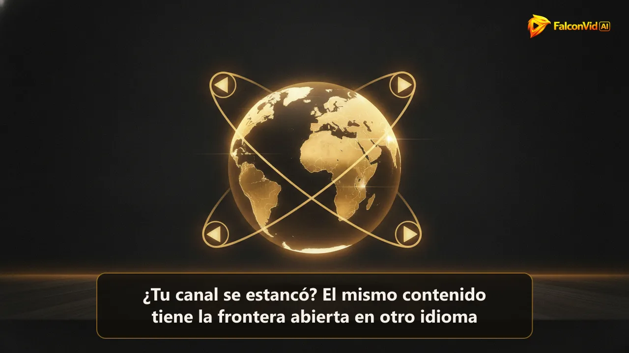 Globo dorado sobre un escritorio oscuro con tres botones de play brillando en órbita entre continentes