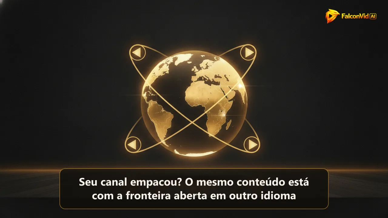 Globo dourado sobre uma mesa escura com três botões de play brilhando em órbita entre continentes