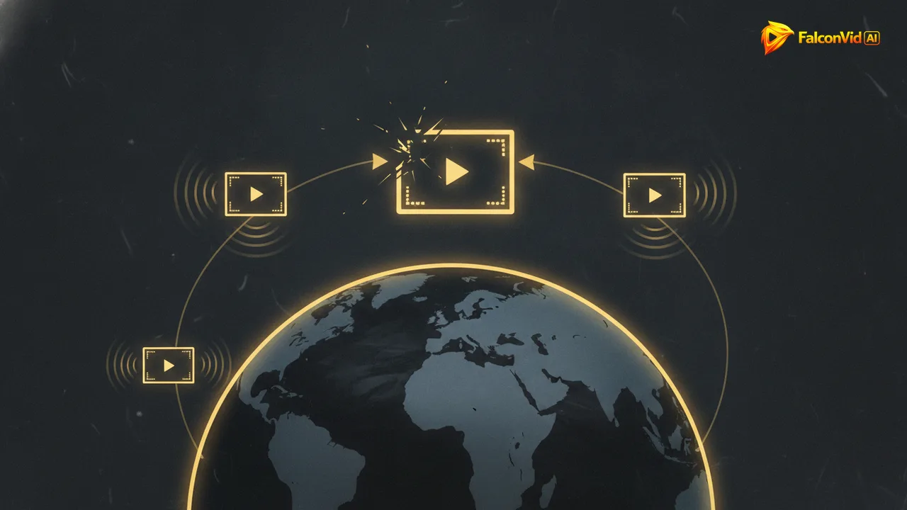A golden video frame splitting into three glowing panels traveling toward different continents of a dark globe