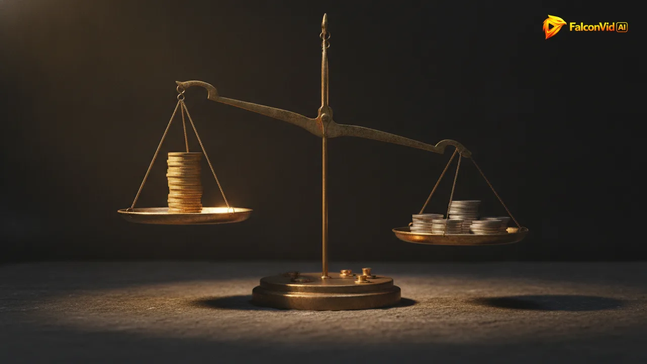 A brass balance scale where four short stacks of thin coins outweigh one tall stack of thick coins under golden light