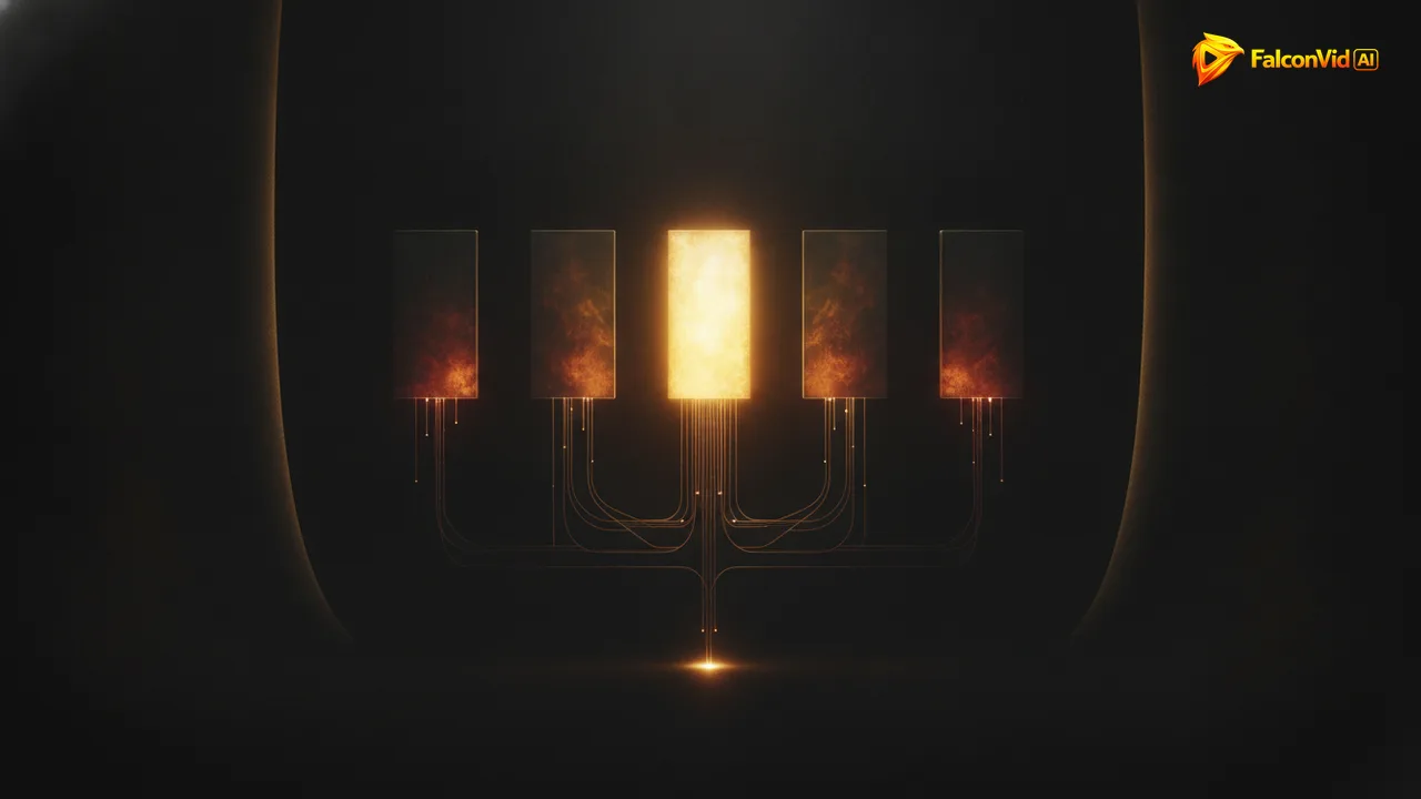 Five floating panels of light in a dark void, one burning bright gold while the other four fade to dim embers, all connected by threads to a single glowing point.