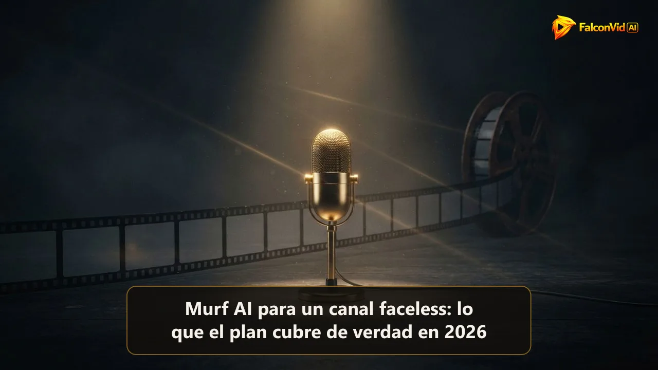 Un micrófono dorado de estudio brillando solo en un escenario oscuro, con una tira de película vacía desenrollándose detrás