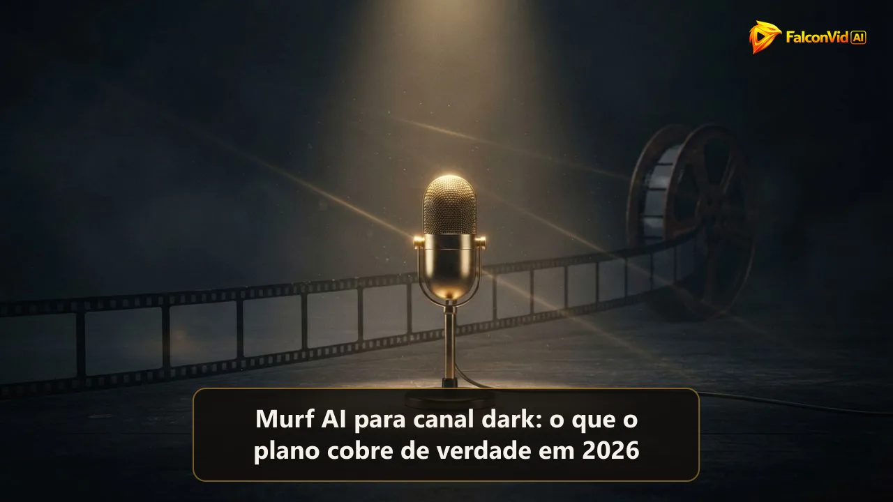 Um microfone dourado de estúdio brilhando sozinho num palco escuro, com uma tira de filme vazia se desenrolando atrás