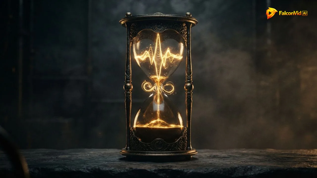 A golden sound waveform flowing into a half empty hourglass, with loops dripping back in a second time, like minutes spent on re-renders