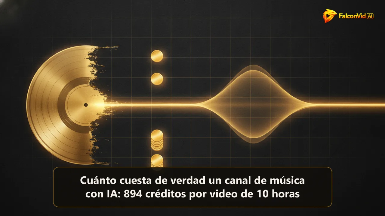 Un disco de vinilo dorado disolviéndose en una larga onda sonora luminosa que atraviesa una superficie oscura, con tres monedas doradas apiladas debajo.