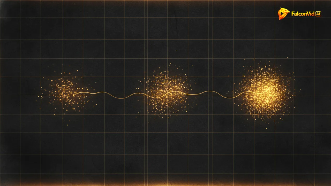 Three clusters of golden marks left to right on a dark grid, sparse then denser then bright and tightly packed.