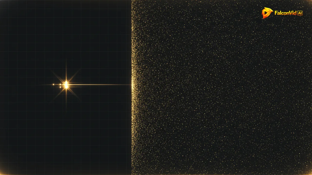 A few golden dots on the left feeding a tall filled column, against a vast field of dim dots on the right.