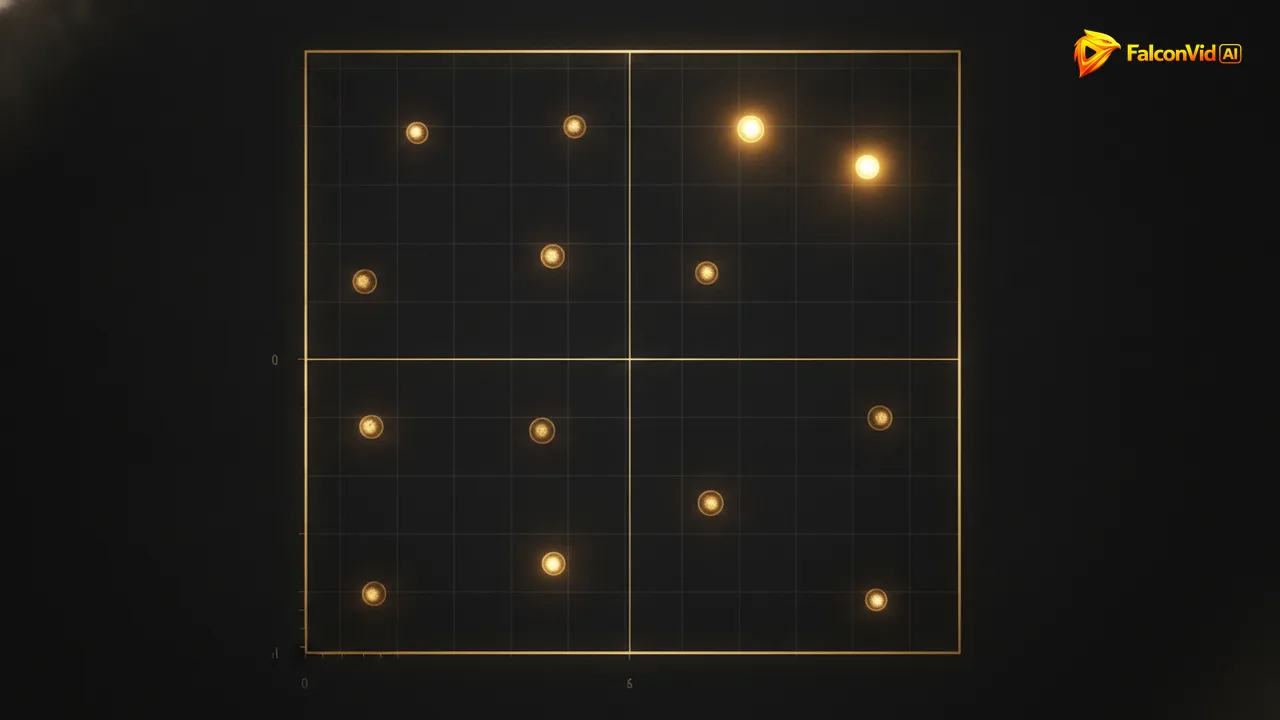 A two axis quadrant chart on a dark grid with nine golden dots and two brighter ones isolated in the upper right.