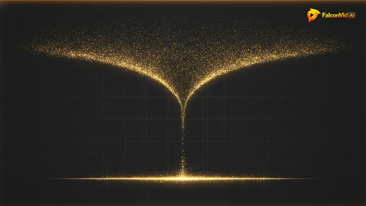 A wide band of golden particles narrowing through a tight neck into a small stream that feeds a long glowing band.