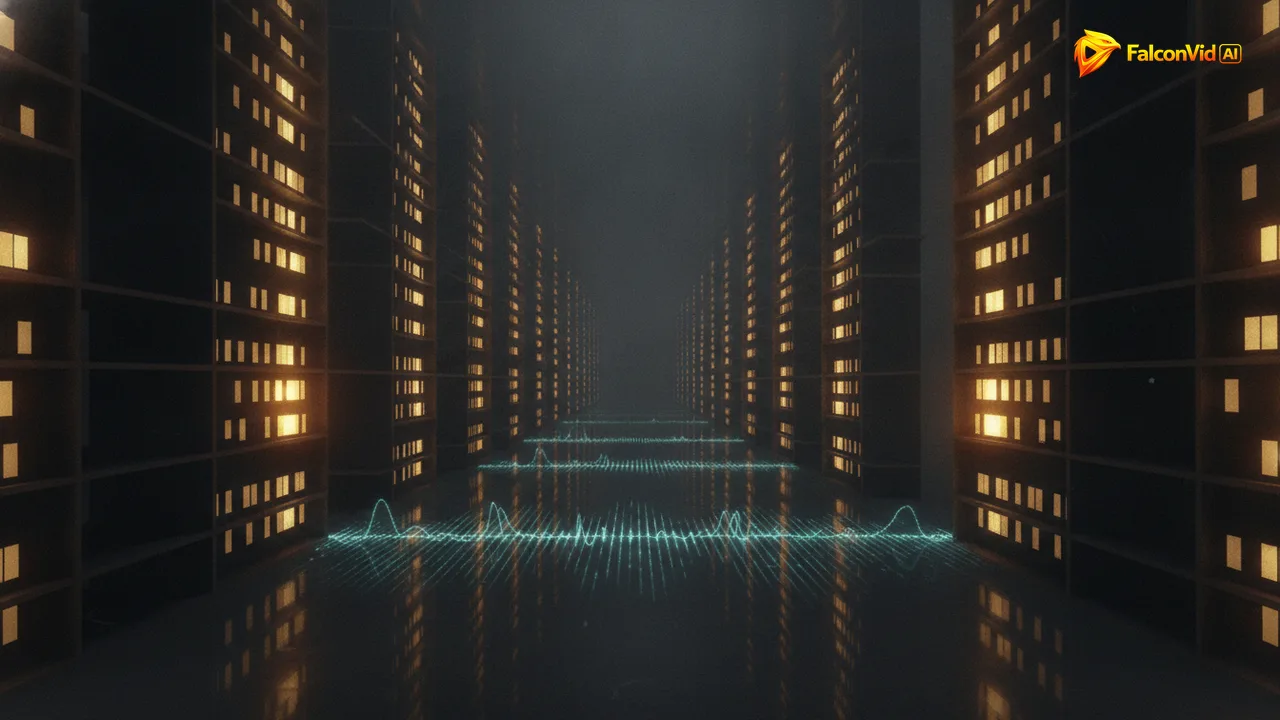 Filas de rectángulos dorados alejándose al fondo como una biblioteca de luz con ondas sonoras en el suelo.