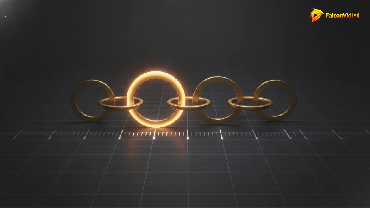 Four linked golden rings in a chain with the second one larger and brighter to mark a required step.
