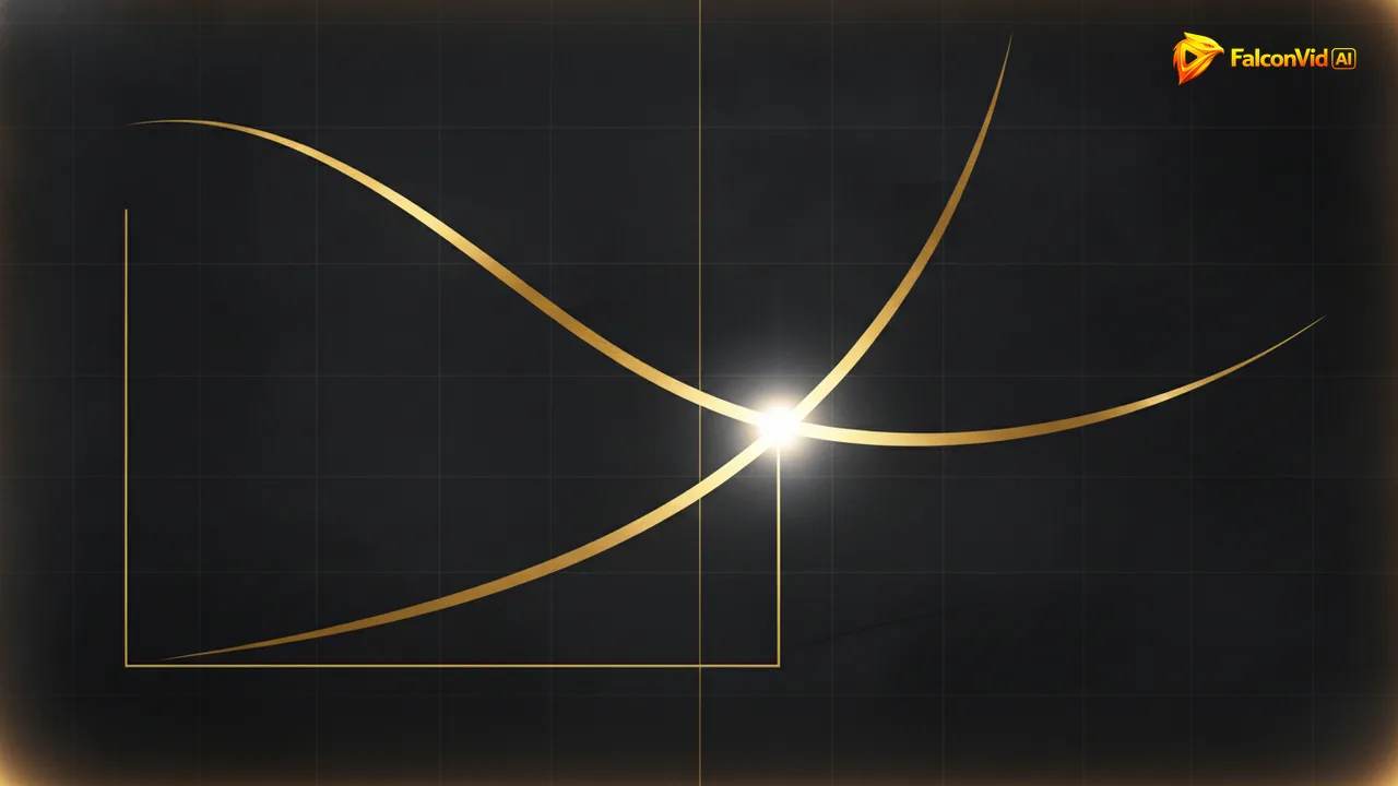 Two golden curves on a dark grid crossing at a bright marker, one flattening early and the other climbing past it.