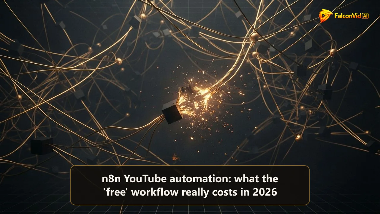 A tangle of golden wires and nodes connecting many small cubes with one broken link throwing sparks, the fragile stack behind a free YouTube workflow