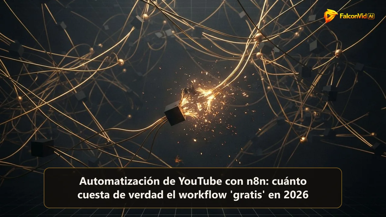 Una maraña de cables y nodos dorados que conectan muchas cajas pequeñas con un enlace roto que suelta chispas, la pila frágil detrás de un workflow gratis de YouTube