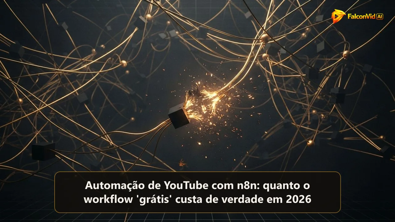 Um emaranhado de fios e nós dourados ligando várias caixas pequenas com um elo partido soltando faíscas, a pilha frágil por trás de um workflow grátis de YouTube