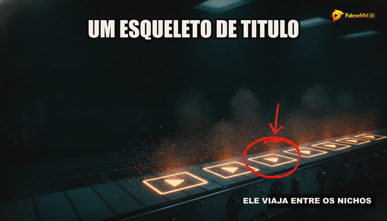 Uma ilustração de uma linha de montagem automatizada produzindo vídeos, simbolizando a eficiência do pipeline da FalconVid na criação de conteúdo.