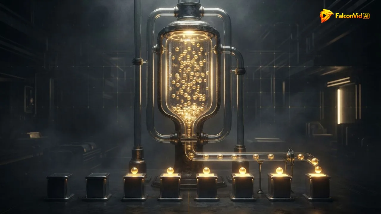 Glass reservoir full of golden spheres releasing them one at a time onto a row of pedestals that light up as each lands, an idea bank feeding a calendar one video at a time