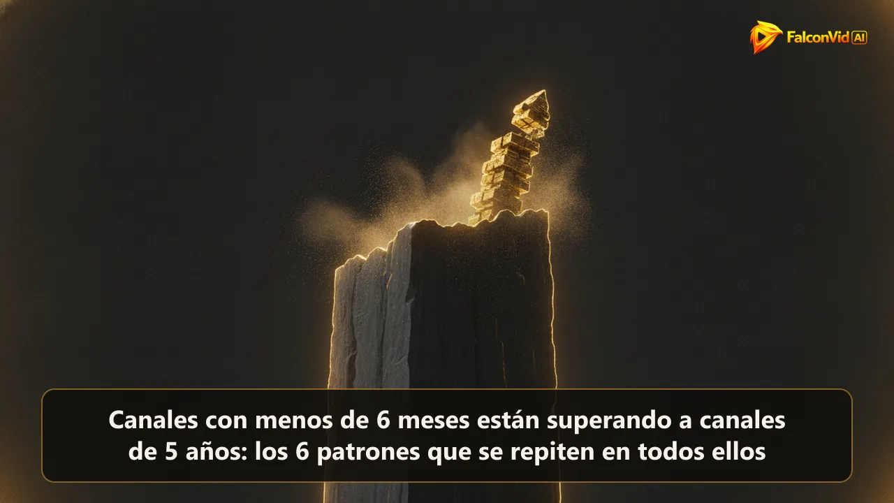 Una pila compacta de bloques dorados encendidos que sube y pasa el borde superior de un monolito oscuro y desgastado.