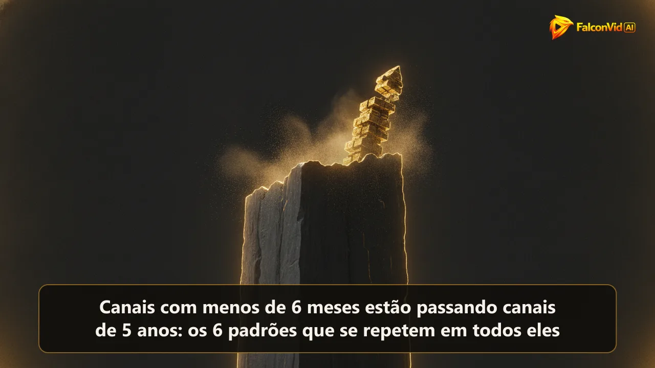 Uma pilha compacta de blocos dourados acesos subindo e ultrapassando o topo de um monólito escuro e desgastado.