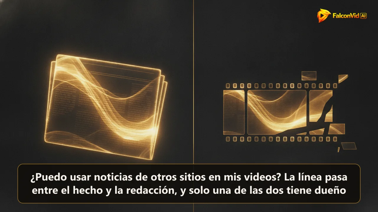 Un periódico iluminado a un lado de una línea dorada y la misma información renaciendo como fotograma de película al otro lado.