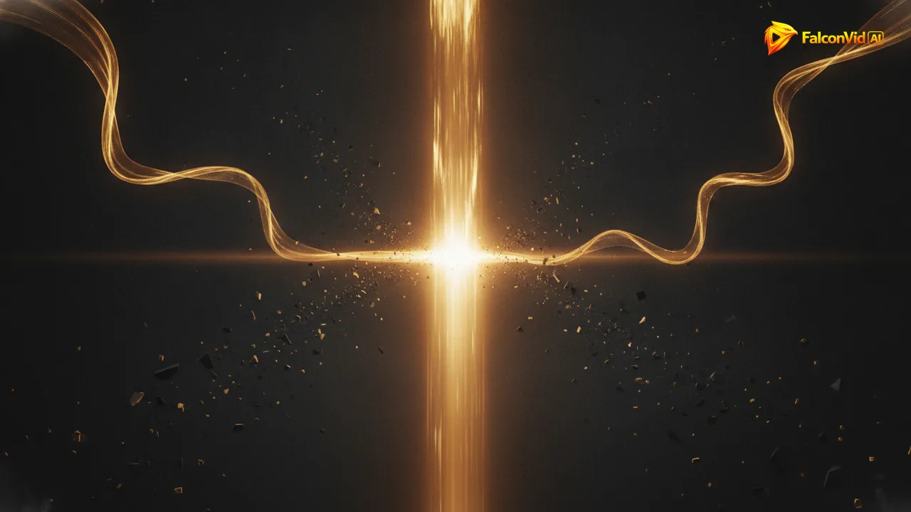 Three streams of light merging into a single brighter beam while dark fragments fall away.