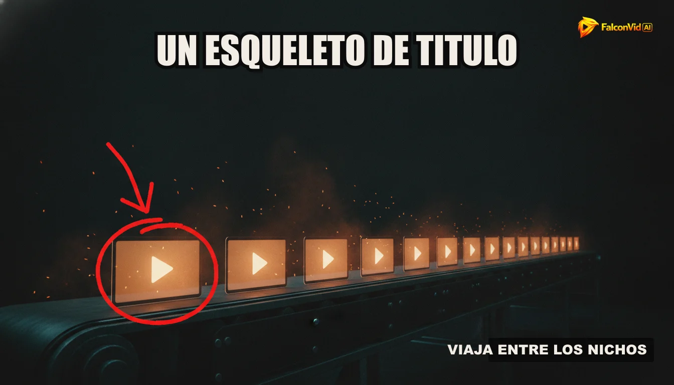Una ilustración de una cadena de producción automatizada que simboliza el proceso de creación de video de FalconVid, desde la investigación hasta la publicación.