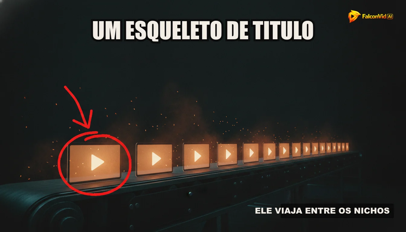 Uma ilustração de uma linha de produção automatizada criando vídeos, representando a eficiência e a escalabilidade do FalconVid.