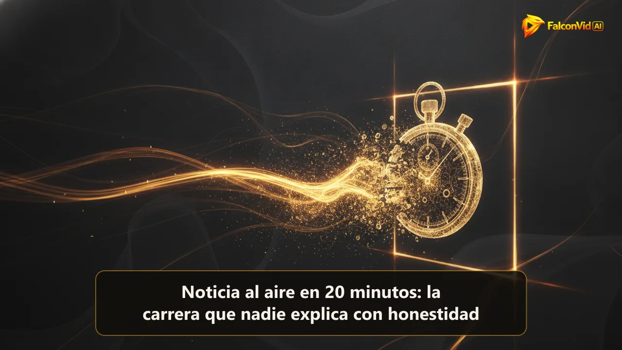Un cronómetro dorado que se disuelve en un flujo de luz que avanza hacia un marco rectangular encendido, con estelas de movimiento detrás.